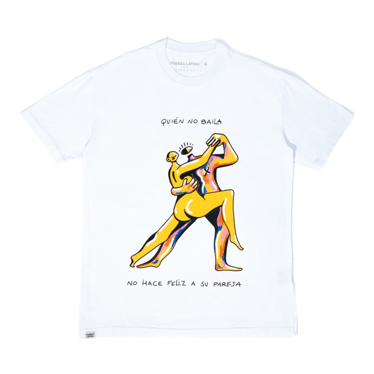 Camisetão QUIÉN NO BAILA NO HACE FELIZ A SU PAREJA branco